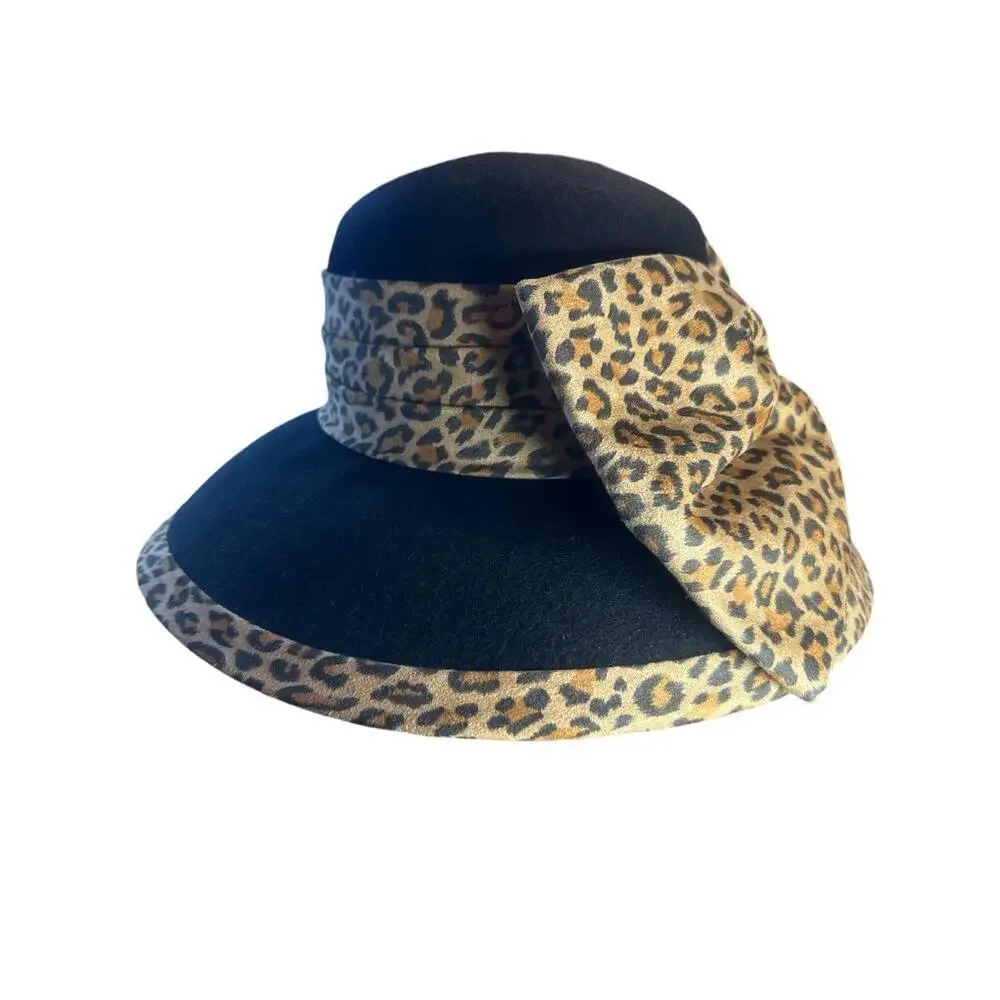 Womens Vintage ELLIE Black Hat 100% Wool Decoreted Natural satin bow